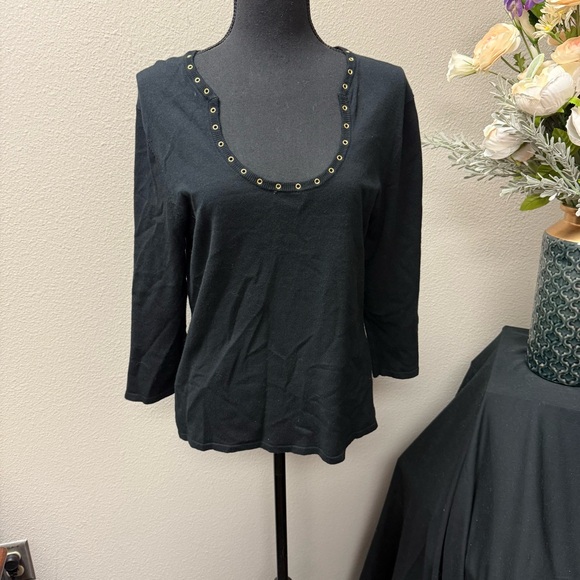 Cable & Gauge Tops - Cable & Gauge Black Scoop Neck Grommet Trim Top L 3/4 Sleeve Stretch Knit